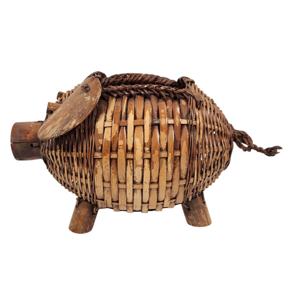 VTG 1970s Woven Bamboo Rattan Wicker MCM Pig Basket Boho Planter 9" X 7"